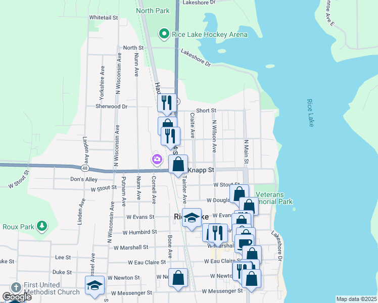 map of restaurants, bars, coffee shops, grocery stores, and more near 822 Craite Avenue in Rice Lake