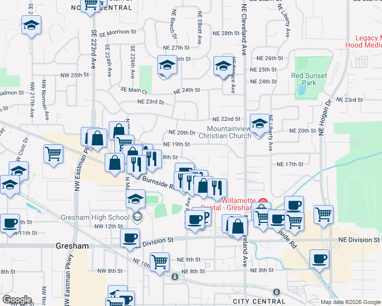 map of restaurants, bars, coffee shops, grocery stores, and more near 489 Northeast 18th Street in Gresham