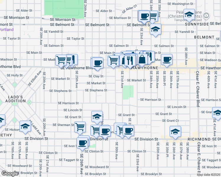map of restaurants, bars, coffee shops, grocery stores, and more near 2925 Southeast Stephens Street in Portland