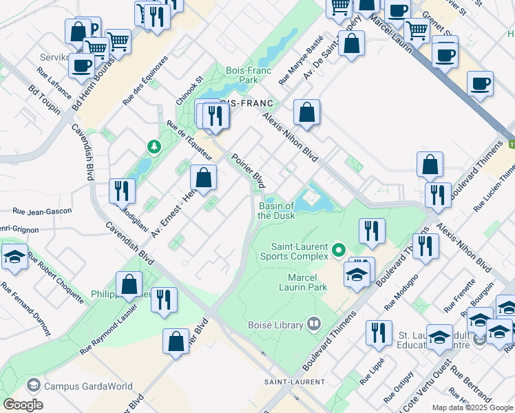 map of restaurants, bars, coffee shops, grocery stores, and more near 2700 Boulevard Poirier in Montréal