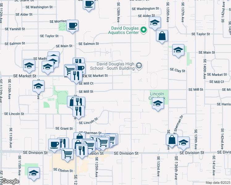 map of restaurants, bars, coffee shops, grocery stores, and more near 12734 Southeast Mill Street in Portland