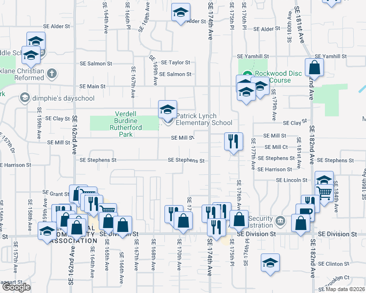 map of restaurants, bars, coffee shops, grocery stores, and more near 17043 Southeast Stephens Street in Portland