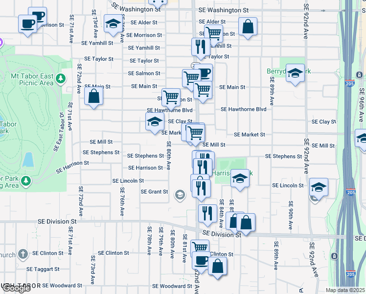 map of restaurants, bars, coffee shops, grocery stores, and more near 8058 Southeast Mill Street in Portland