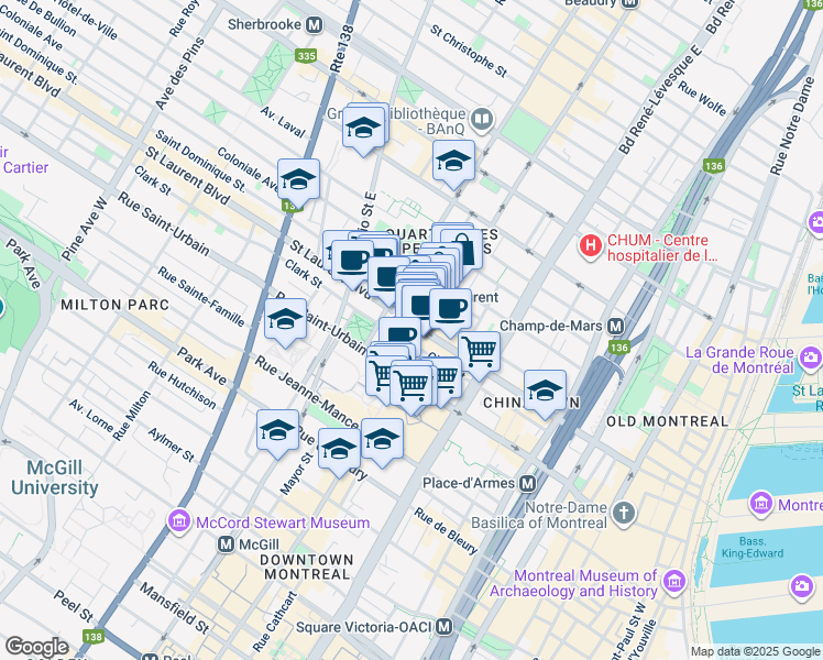 map of restaurants, bars, coffee shops, grocery stores, and more near 11 Sainte-Catherine Ouest in Montréal