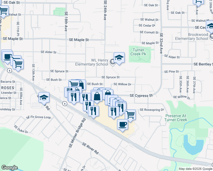 map of restaurants, bars, coffee shops, grocery stores, and more near 1256 Southeast 24th Avenue in Hillsboro