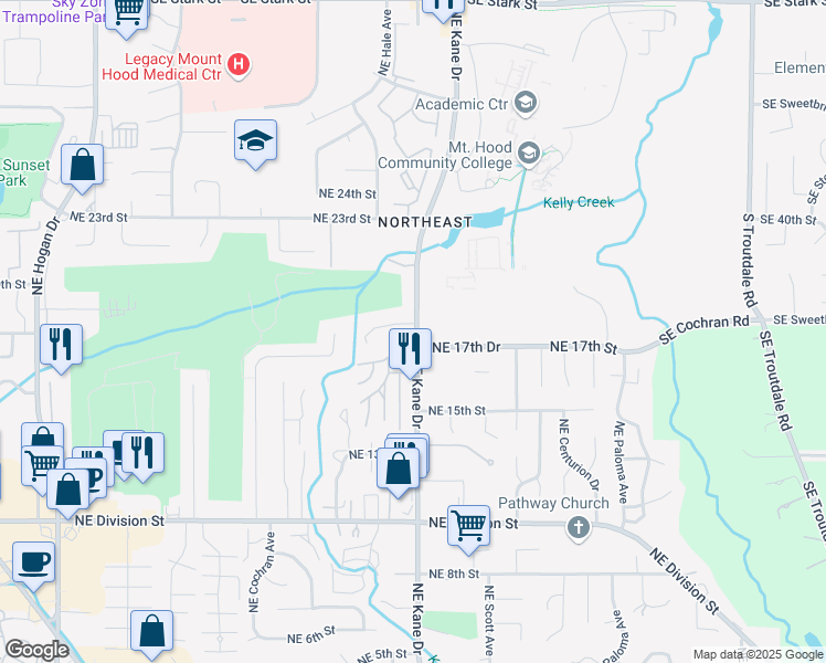 map of restaurants, bars, coffee shops, grocery stores, and more near 1805 Northeast Kane Drive in Gresham
