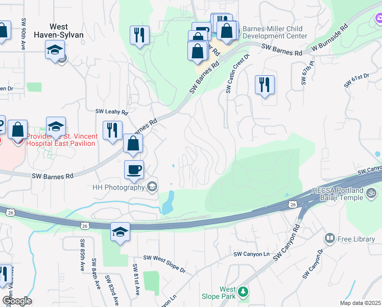 map of restaurants, bars, coffee shops, grocery stores, and more near 7534 Southwest Barnes Road in Portland