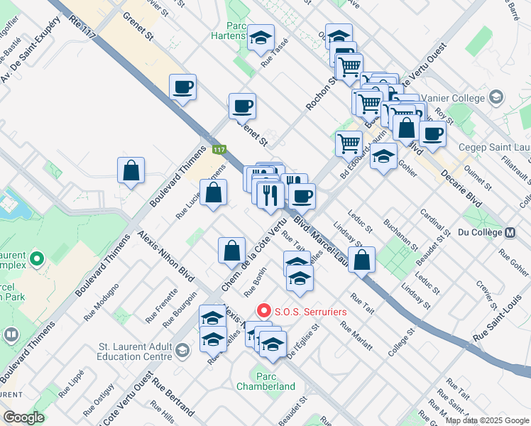 map of restaurants, bars, coffee shops, grocery stores, and more near in Montreal