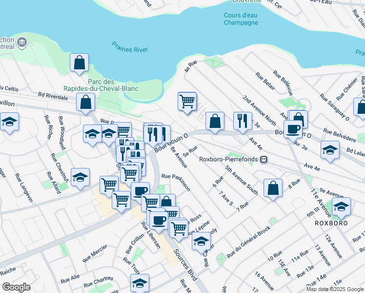 map of restaurants, bars, coffee shops, grocery stores, and more near 2 6e Avenue Sud in Montréal
