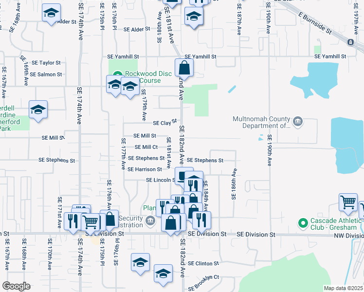 map of restaurants, bars, coffee shops, grocery stores, and more near 18242 Southeast Mill Street in Portland