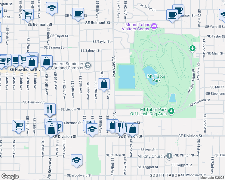 map of restaurants, bars, coffee shops, grocery stores, and more near 1806 Southeast 59th Avenue in Portland