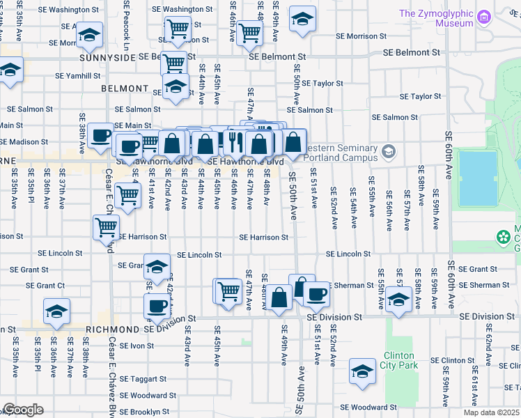 map of restaurants, bars, coffee shops, grocery stores, and more near 1802 Southeast 48th Avenue in Portland