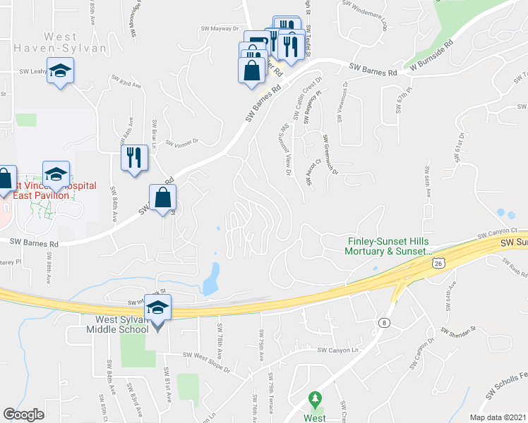 map of restaurants, bars, coffee shops, grocery stores, and more near 7504 Southwest Barnes Road in Portland