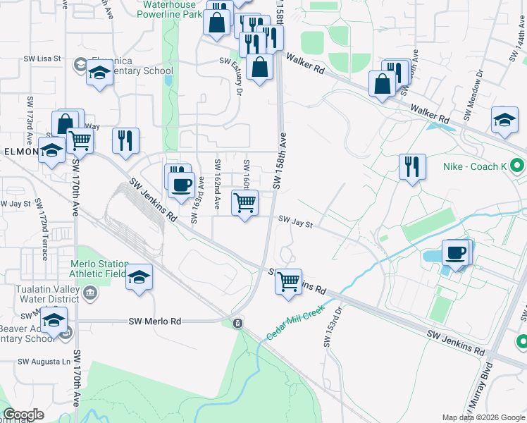 map of restaurants, bars, coffee shops, grocery stores, and more near 1340 Southwest 160th Avenue in Beaverton