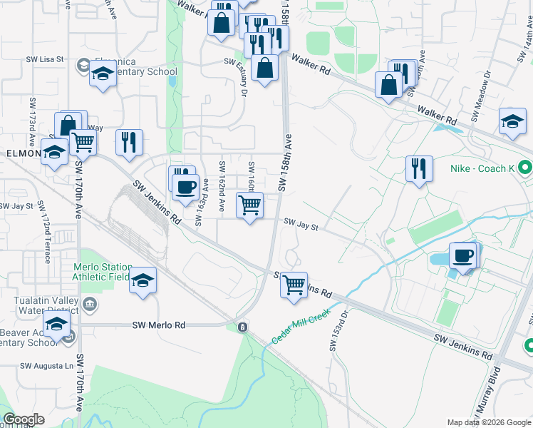 map of restaurants, bars, coffee shops, grocery stores, and more near 1340 Southwest 160th Avenue in Beaverton