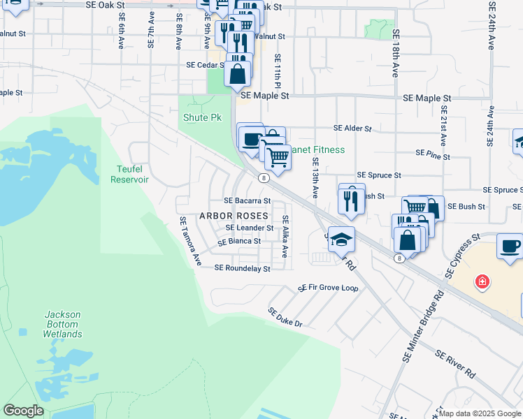 map of restaurants, bars, coffee shops, grocery stores, and more near 1157 Southeast Tamango Street in Hillsboro