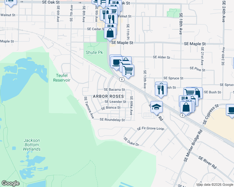 map of restaurants, bars, coffee shops, grocery stores, and more near 1157 Southeast Tamango Street in Hillsboro