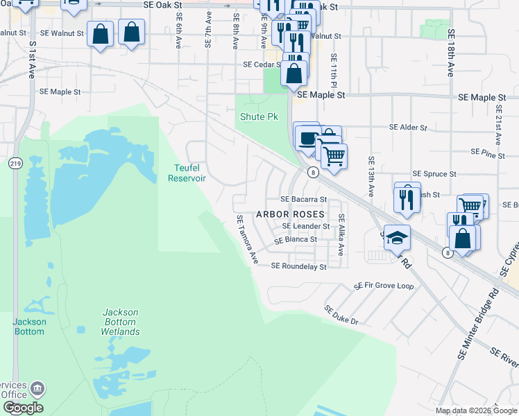 map of restaurants, bars, coffee shops, grocery stores, and more near 971 Southeast Tamango Street in Hillsboro