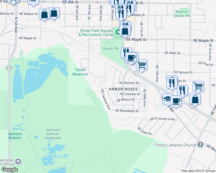 map of restaurants, bars, coffee shops, grocery stores, and more near 971 Southeast Tamango Street in Hillsboro
