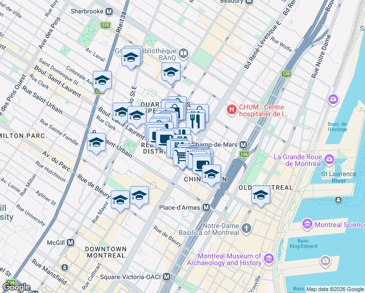 map of restaurants, bars, coffee shops, grocery stores, and more near 88 Rue Charlotte in Montréal