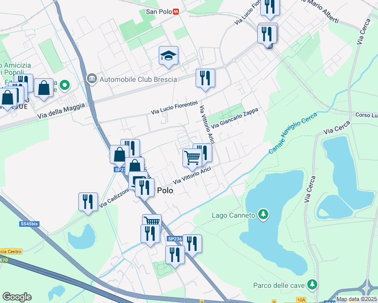 map of restaurants, bars, coffee shops, grocery stores, and more near 1 Via Revere in Brescia