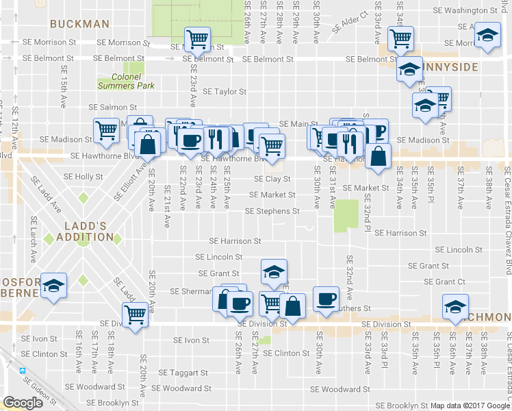 map of restaurants, bars, coffee shops, grocery stores, and more near 2639 SE Stephens St in Portland