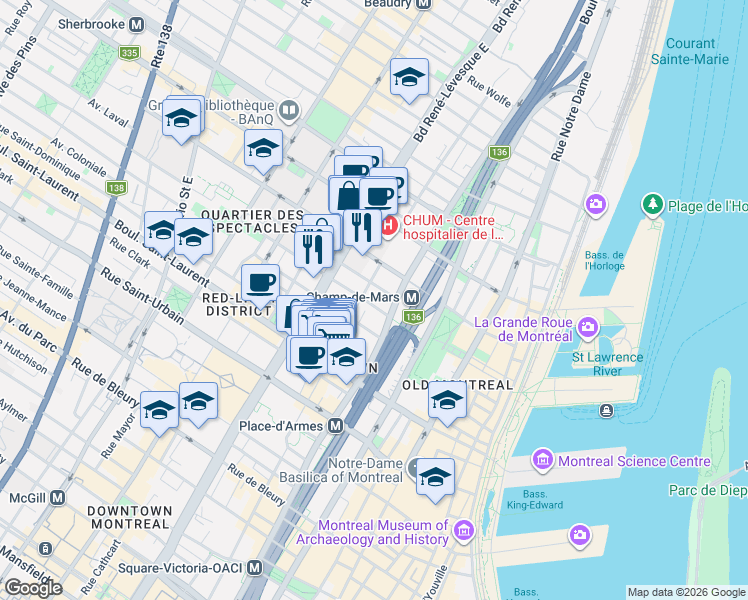 map of restaurants, bars, coffee shops, grocery stores, and more near 997 Avenue de l'Hôtel-de-Ville in Montréal