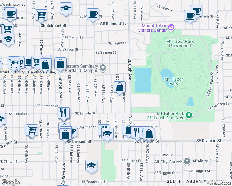map of restaurants, bars, coffee shops, grocery stores, and more near 1805 Southeast 58th Avenue in Portland