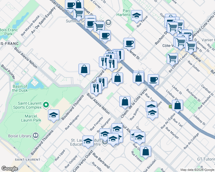 map of restaurants, bars, coffee shops, grocery stores, and more near 2030 Rue Lucien-Thimens in Montréal