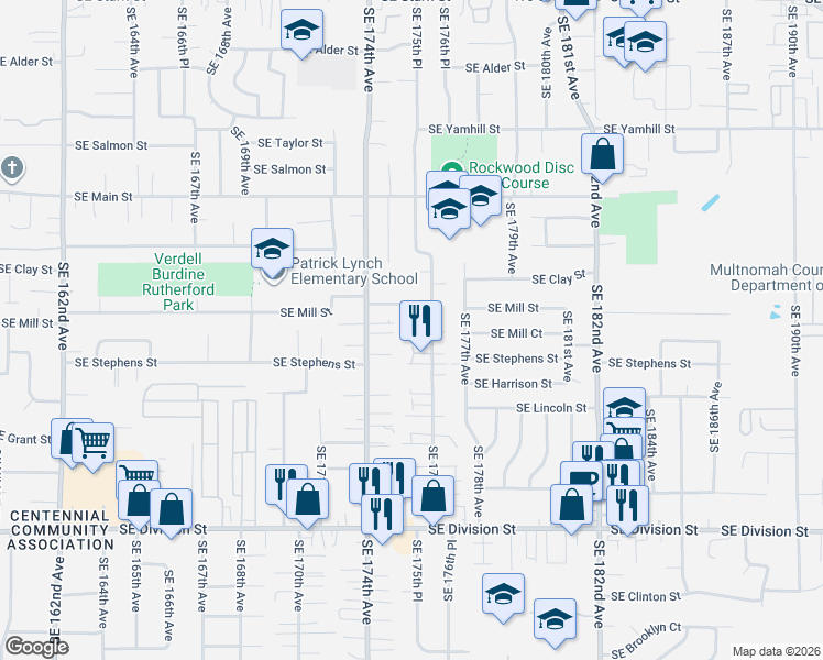 map of restaurants, bars, coffee shops, grocery stores, and more near 1745 Southeast 176th Avenue in Portland
