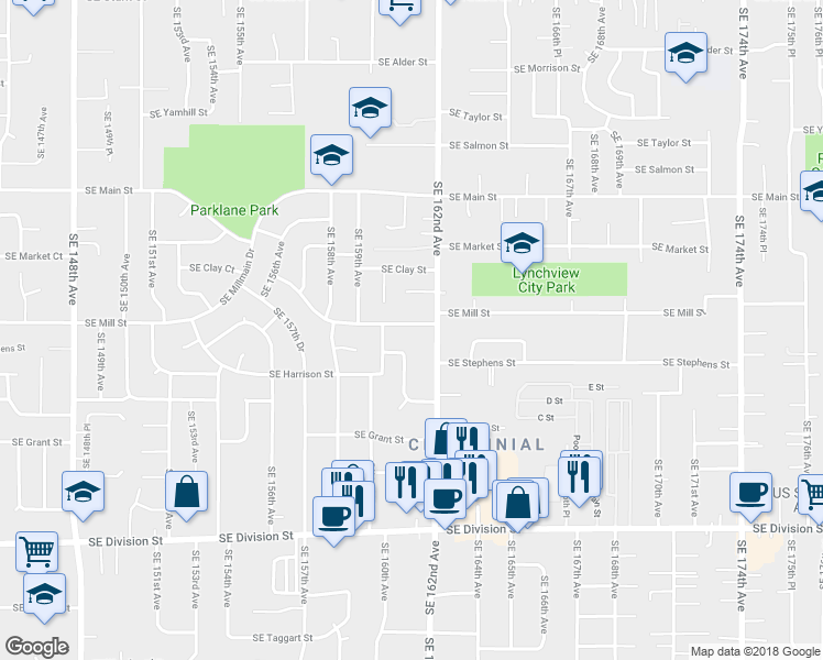 map of restaurants, bars, coffee shops, grocery stores, and more near 16100 Southeast Mill Street in Portland