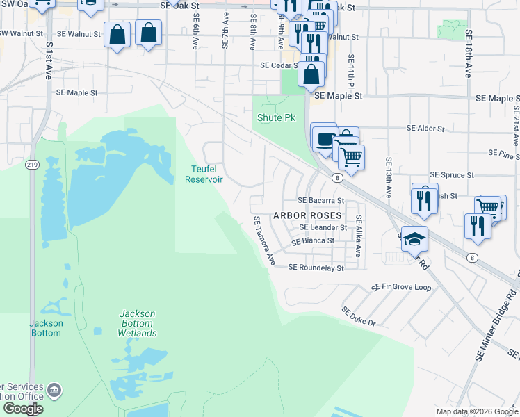 map of restaurants, bars, coffee shops, grocery stores, and more near 875 Southeast Tamango Street in Hillsboro