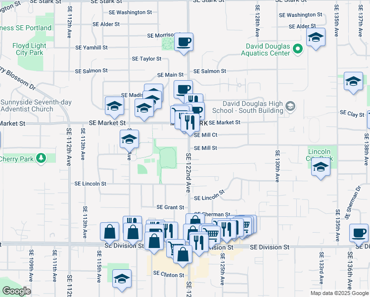 map of restaurants, bars, coffee shops, grocery stores, and more near 1843 Southeast 122nd Avenue in Portland
