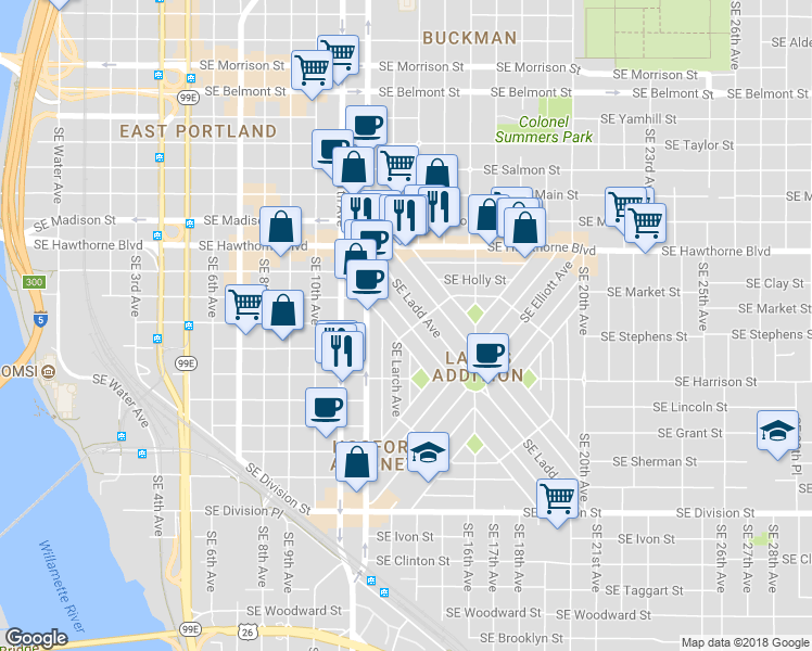 map of restaurants, bars, coffee shops, grocery stores, and more near 1321 Southeast Palm Street in Portland