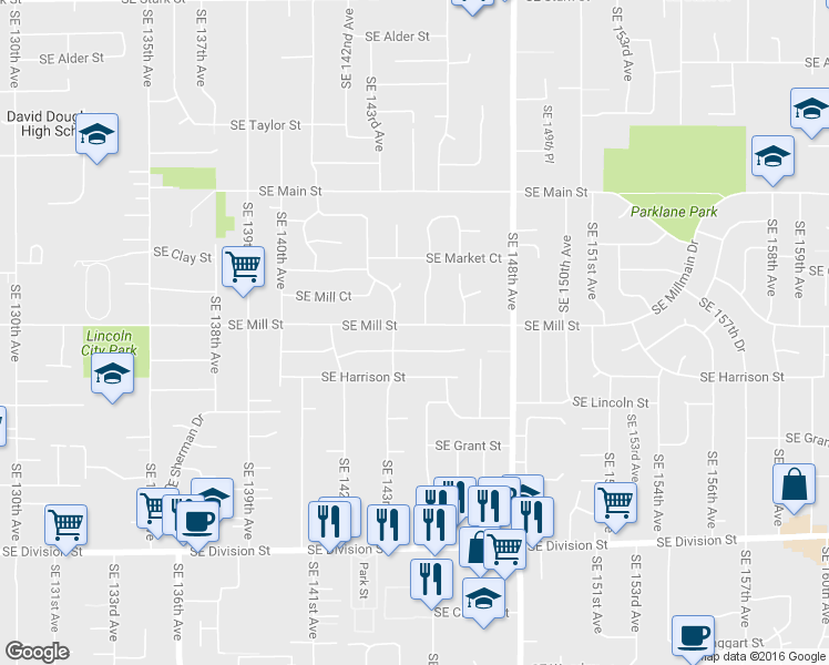 map of restaurants, bars, coffee shops, grocery stores, and more near 14420 SE Mill St in Portland