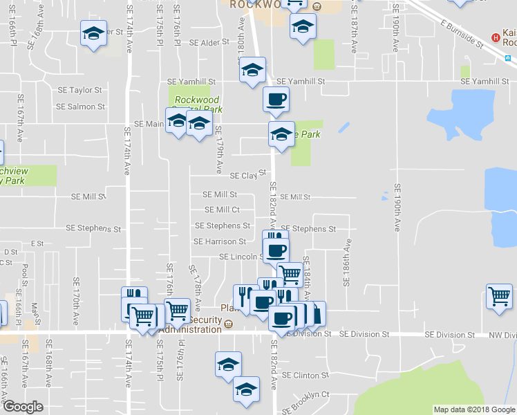 map of restaurants, bars, coffee shops, grocery stores, and more near 1736 Southeast 181st Avenue in Portland