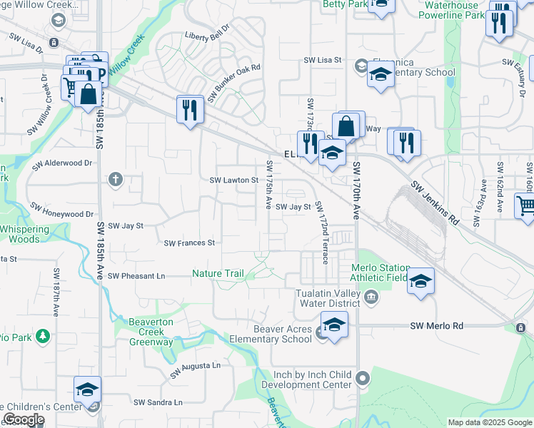 map of restaurants, bars, coffee shops, grocery stores, and more near 1353 Southwest 175th Avenue in Beaverton