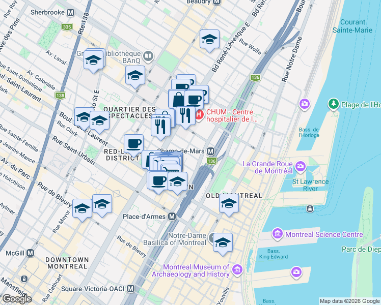 map of restaurants, bars, coffee shops, grocery stores, and more near 997 Avenue de l'Hôtel-de-Ville in Montréal