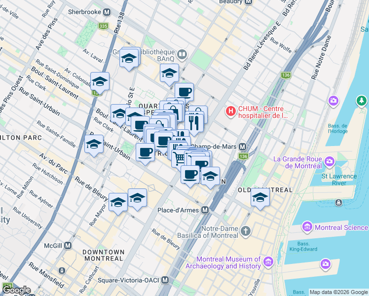 map of restaurants, bars, coffee shops, grocery stores, and more near 88 Charlotte Street in Montrã©Al