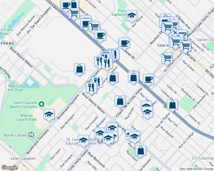 map of restaurants, bars, coffee shops, grocery stores, and more near 2030 Rue Lucien-Thimens in Montréal