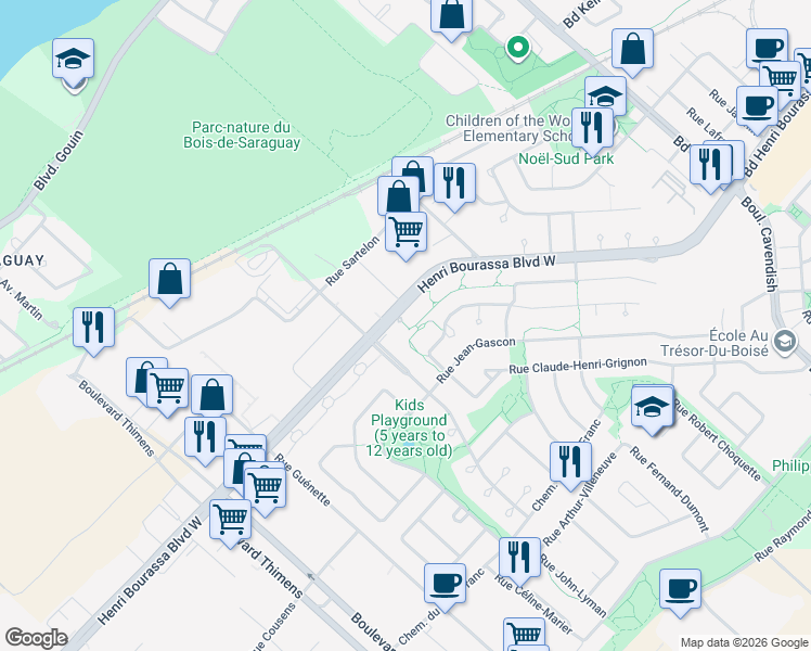 map of restaurants, bars, coffee shops, grocery stores, and more near 6850 Boulevard Henri Bourassa Ouest in Montréal