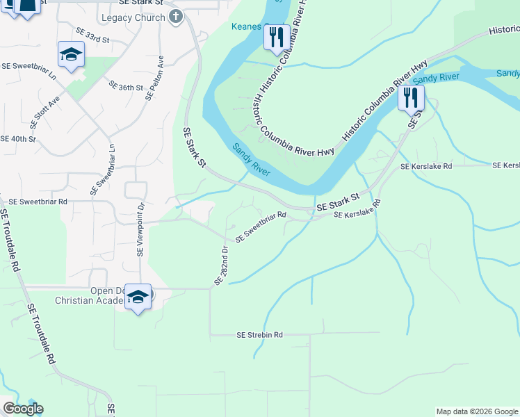 map of restaurants, bars, coffee shops, grocery stores, and more near 28499 Southeast Sweetbriar Road in Troutdale
