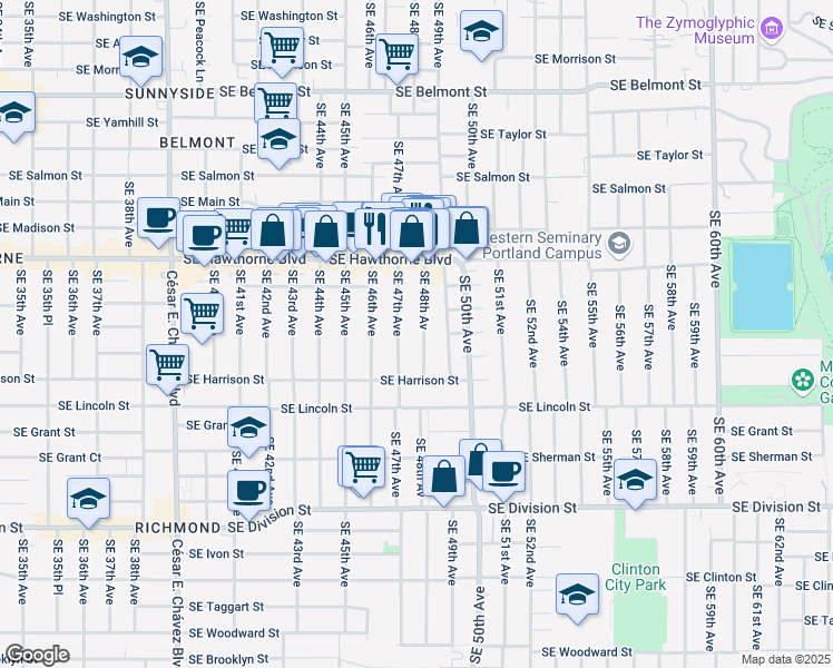 map of restaurants, bars, coffee shops, grocery stores, and more near 1802 Southeast 48th Avenue in Portland