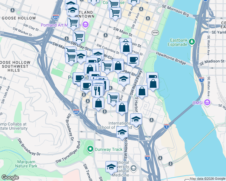 map of restaurants, bars, coffee shops, grocery stores, and more near 222 Southwest Harrison Street in Portland
