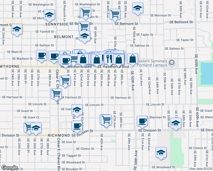 map of restaurants, bars, coffee shops, grocery stores, and more near 1810 Southeast 45th Avenue in Portland