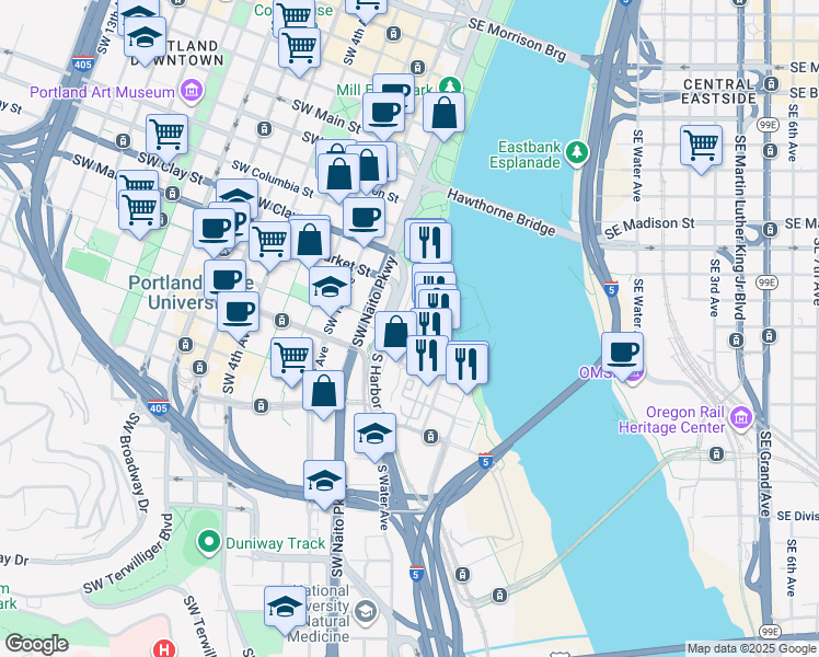map of restaurants, bars, coffee shops, grocery stores, and more near 1730 South Harbor Way in Portland