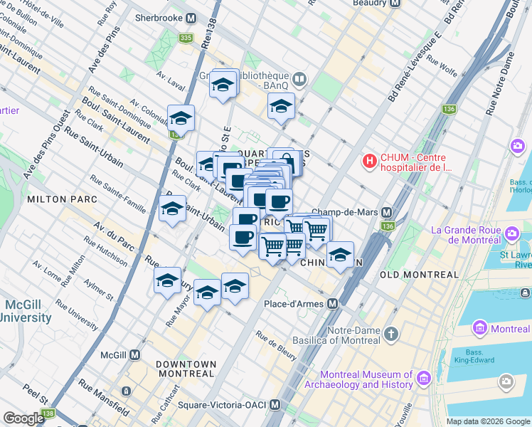 map of restaurants, bars, coffee shops, grocery stores, and more near Rue Sainte-Catherine Est in Montréal
