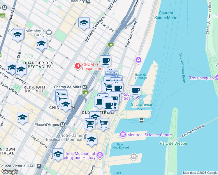 map of restaurants, bars, coffee shops, grocery stores, and more near 329 Rue Notre-Dame Est in Montreal