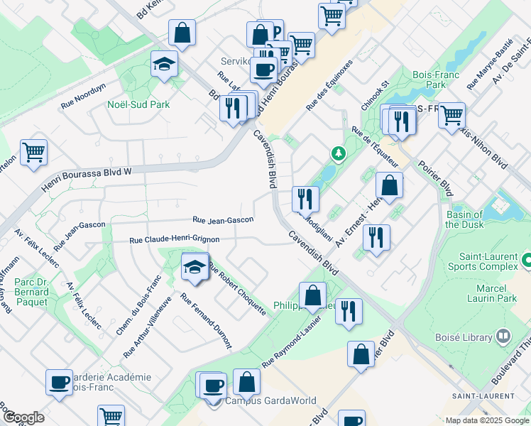 map of restaurants, bars, coffee shops, grocery stores, and more near 3625 Rue Jean-Gascon in Montréal