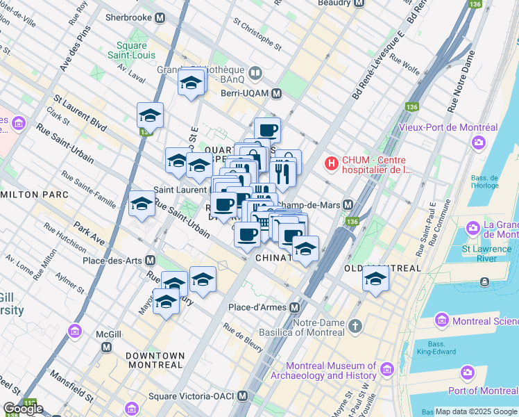 map of restaurants, bars, coffee shops, grocery stores, and more near 1205 Rue Saint-Dominique in Montréal